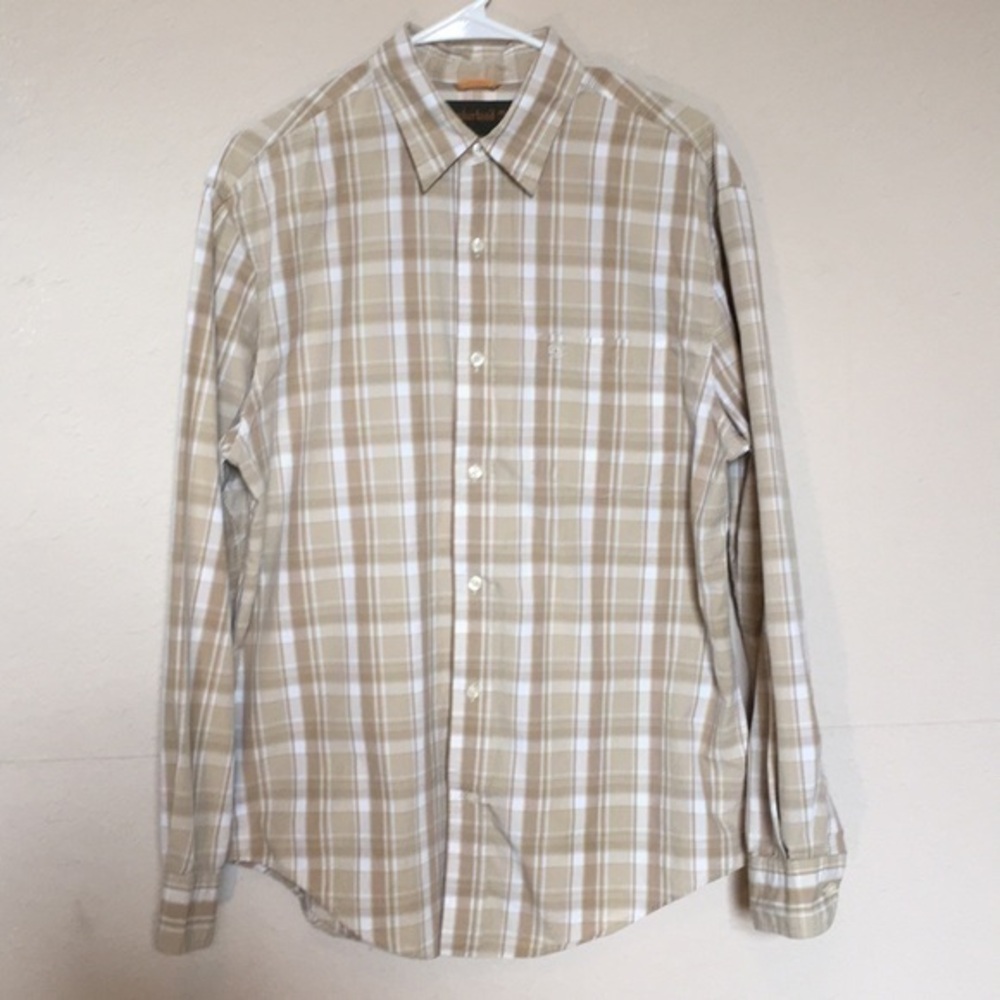 Timberland tan & white plaid LS shirt Sz M